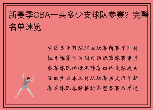 新赛季CBA一共多少支球队参赛？完整名单速览