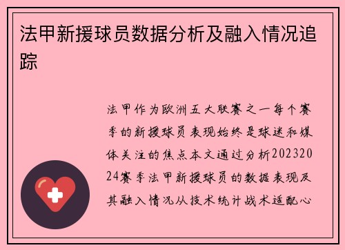 法甲新援球员数据分析及融入情况追踪