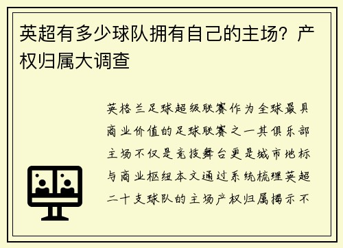 英超有多少球队拥有自己的主场？产权归属大调查