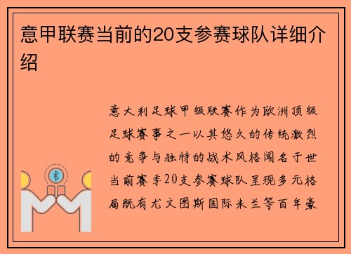 意甲联赛当前的20支参赛球队详细介绍