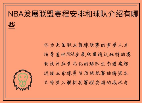 NBA发展联盟赛程安排和球队介绍有哪些