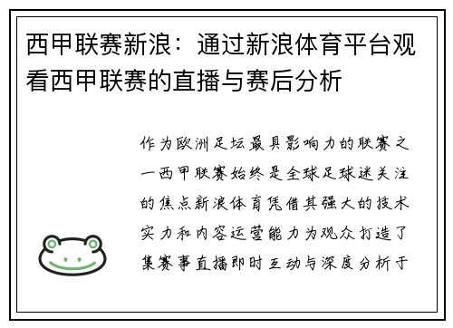 西甲联赛新浪：通过新浪体育平台观看西甲联赛的直播与赛后分析